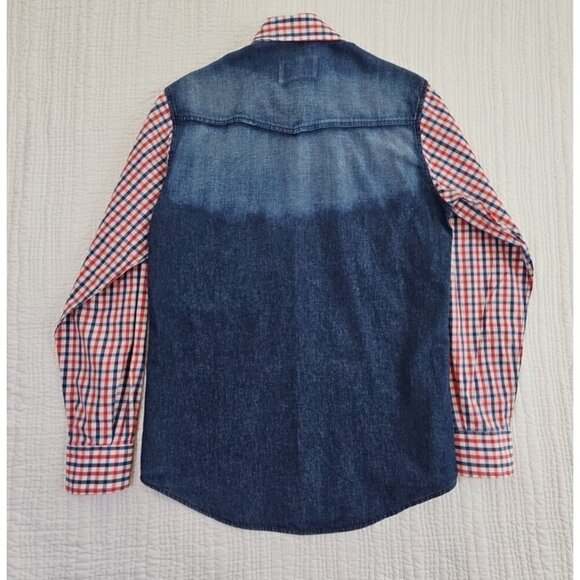 Prejuicio Demin Long Sleeve Shirt Men's S Small Red White Blue Button Pockets LN - Picture 8 of 13